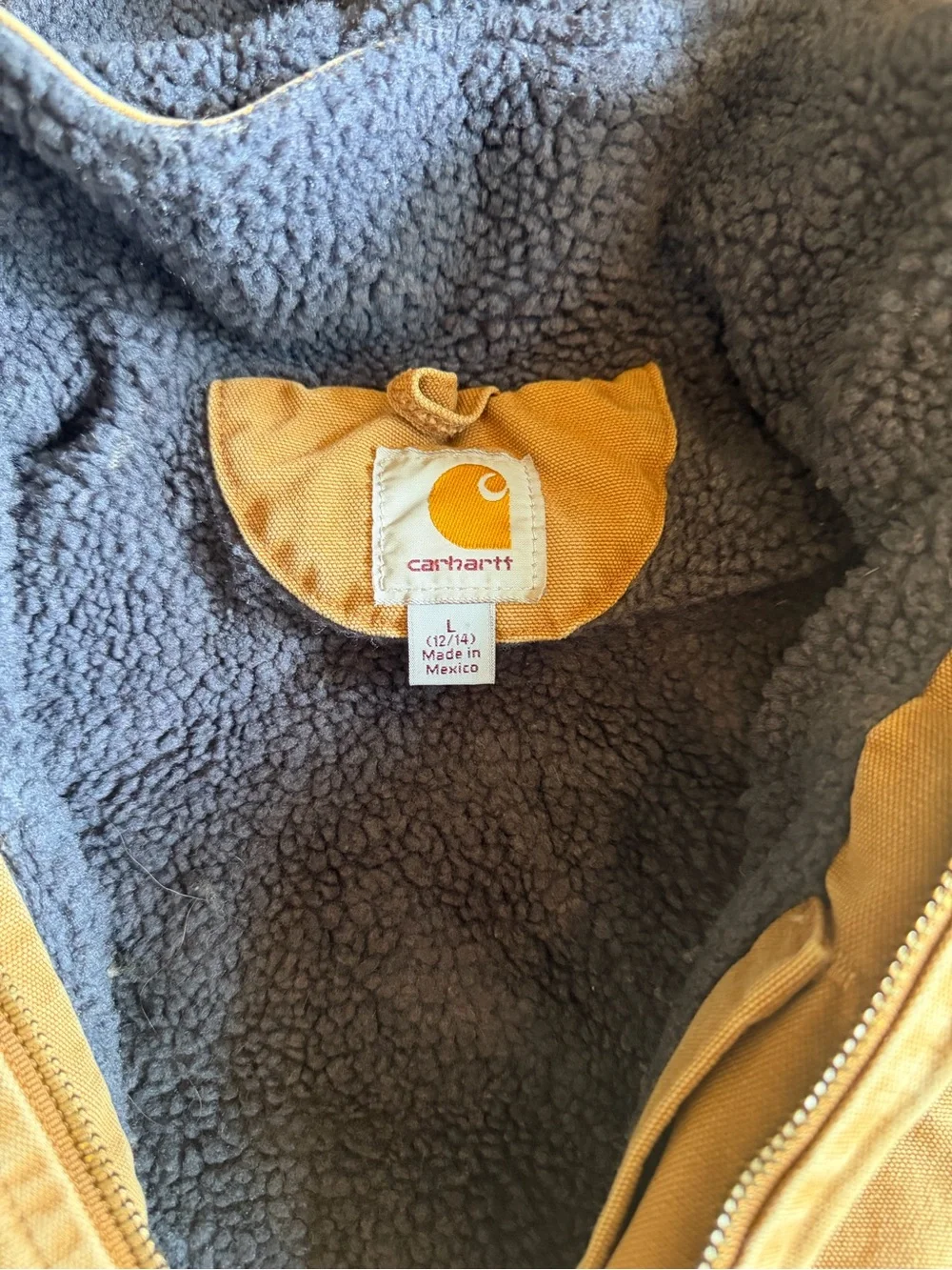 Youth Vintage Carhartt Tan Hooded Zip-Front Duck Jacket Hood Large 12/14